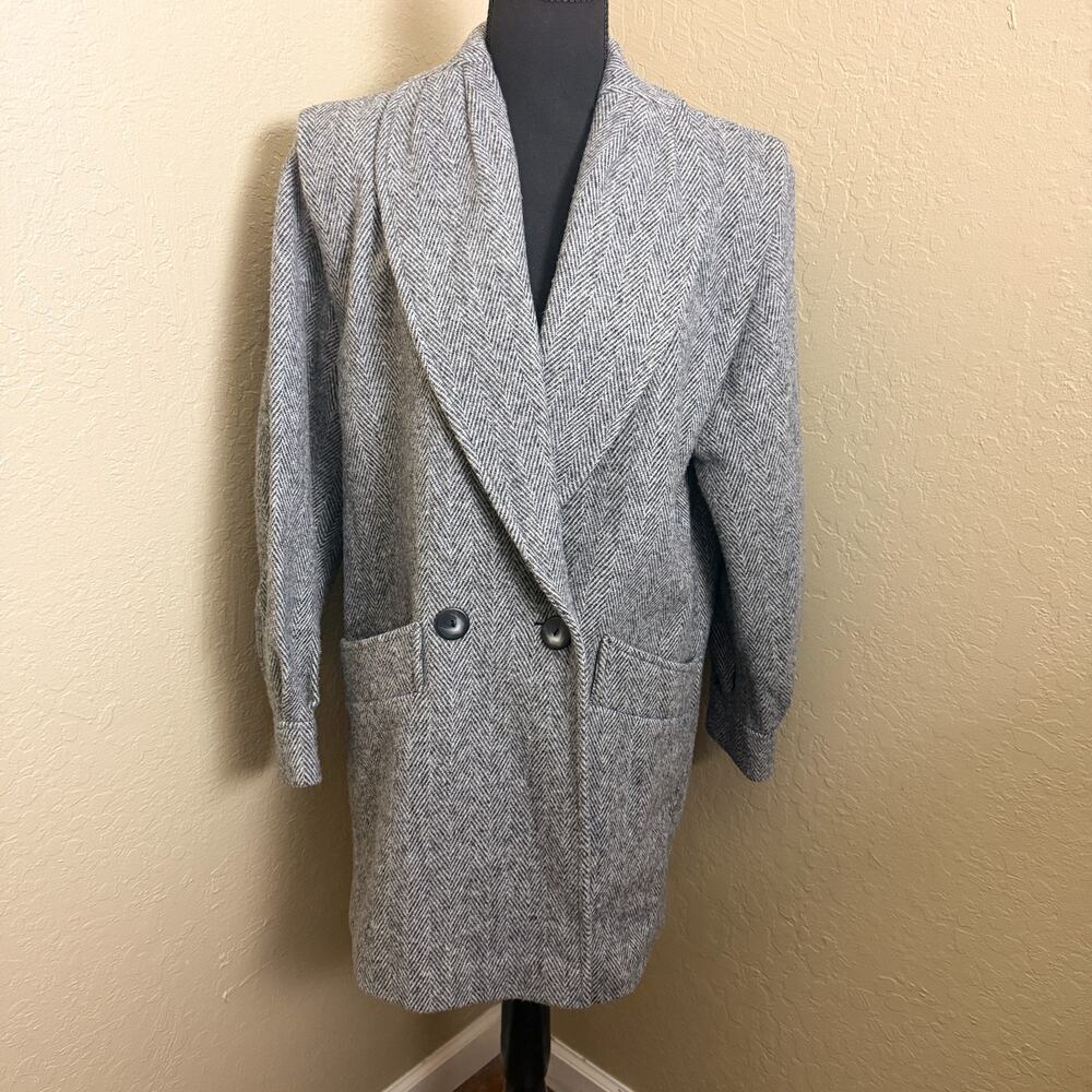 Vintage Winter Time by Herman Kay Gray Herringbone Wool Blend Coat Women 8P